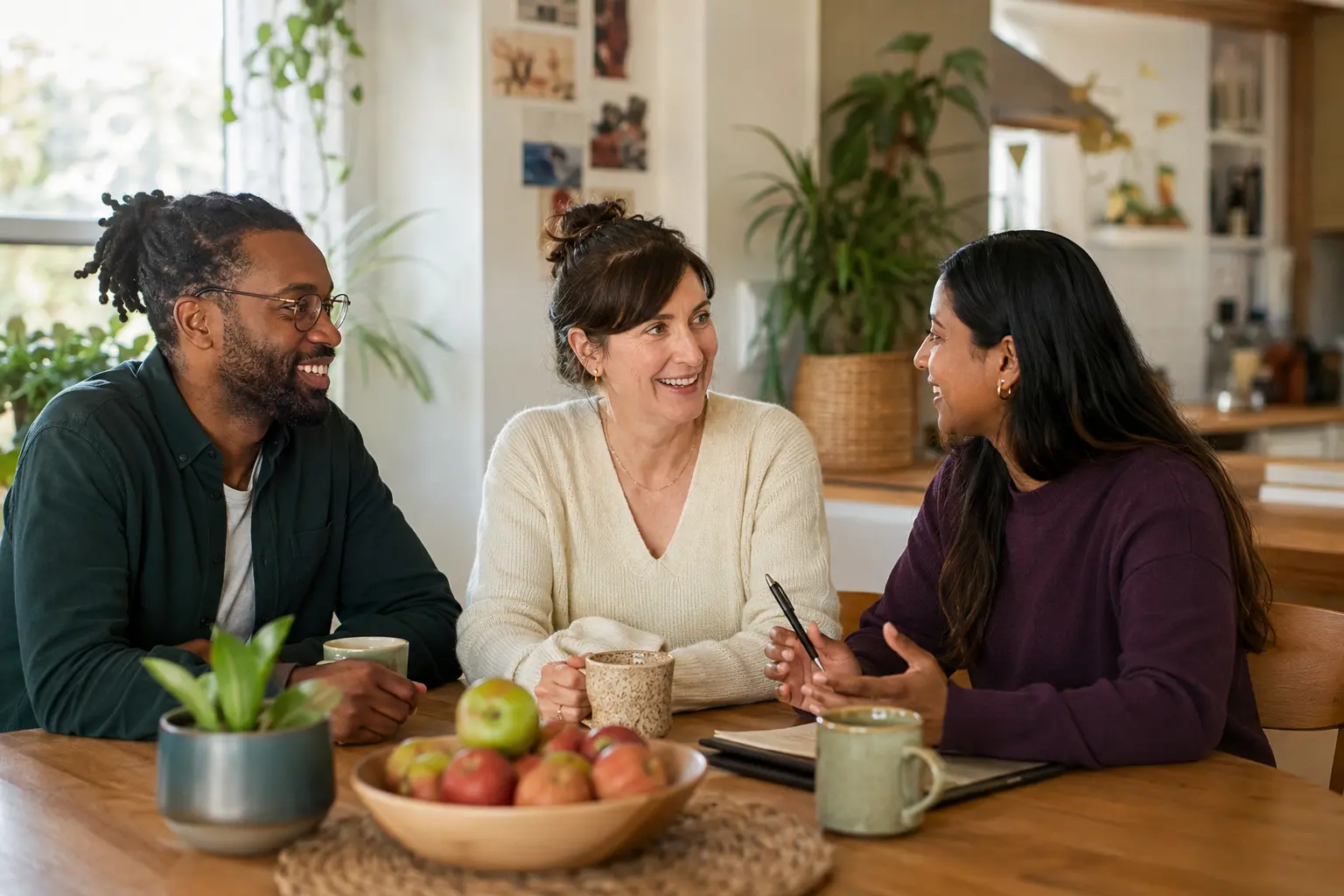 Three fictional adult care professionals talking around a kitchen table in a warm home