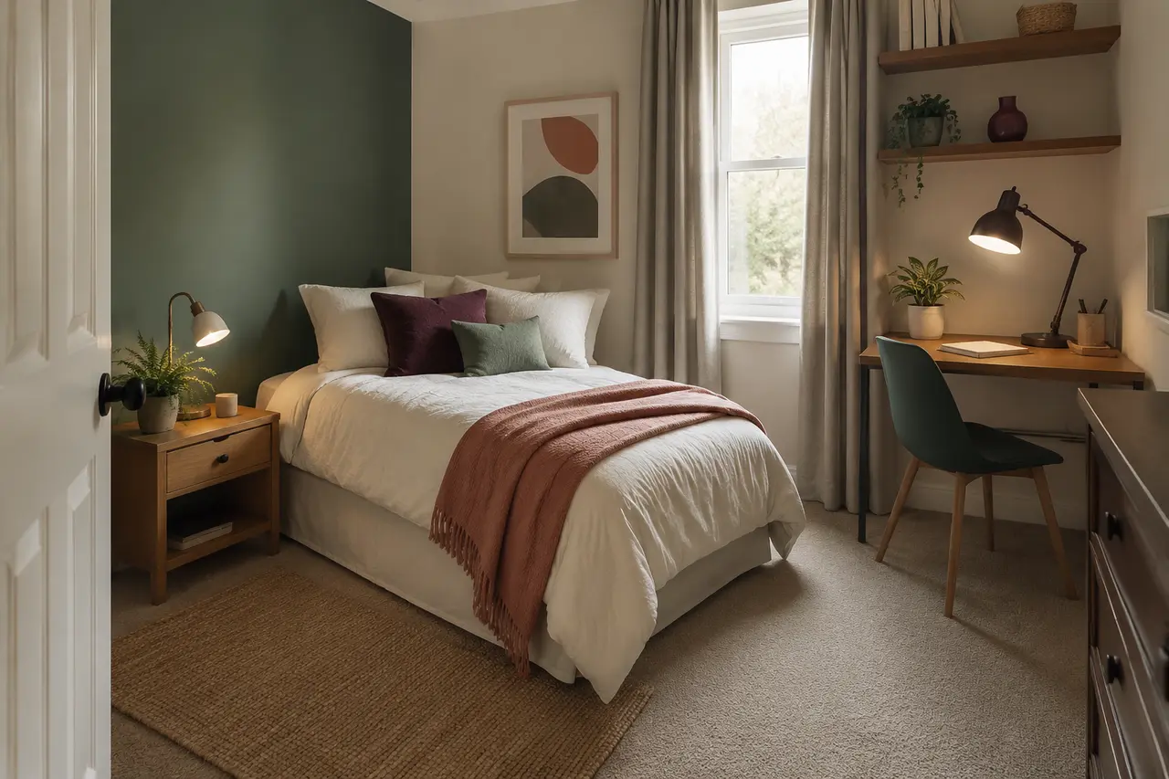 Illustrative teenager's bedroom in earthy colours with a bed, desk and reading lights