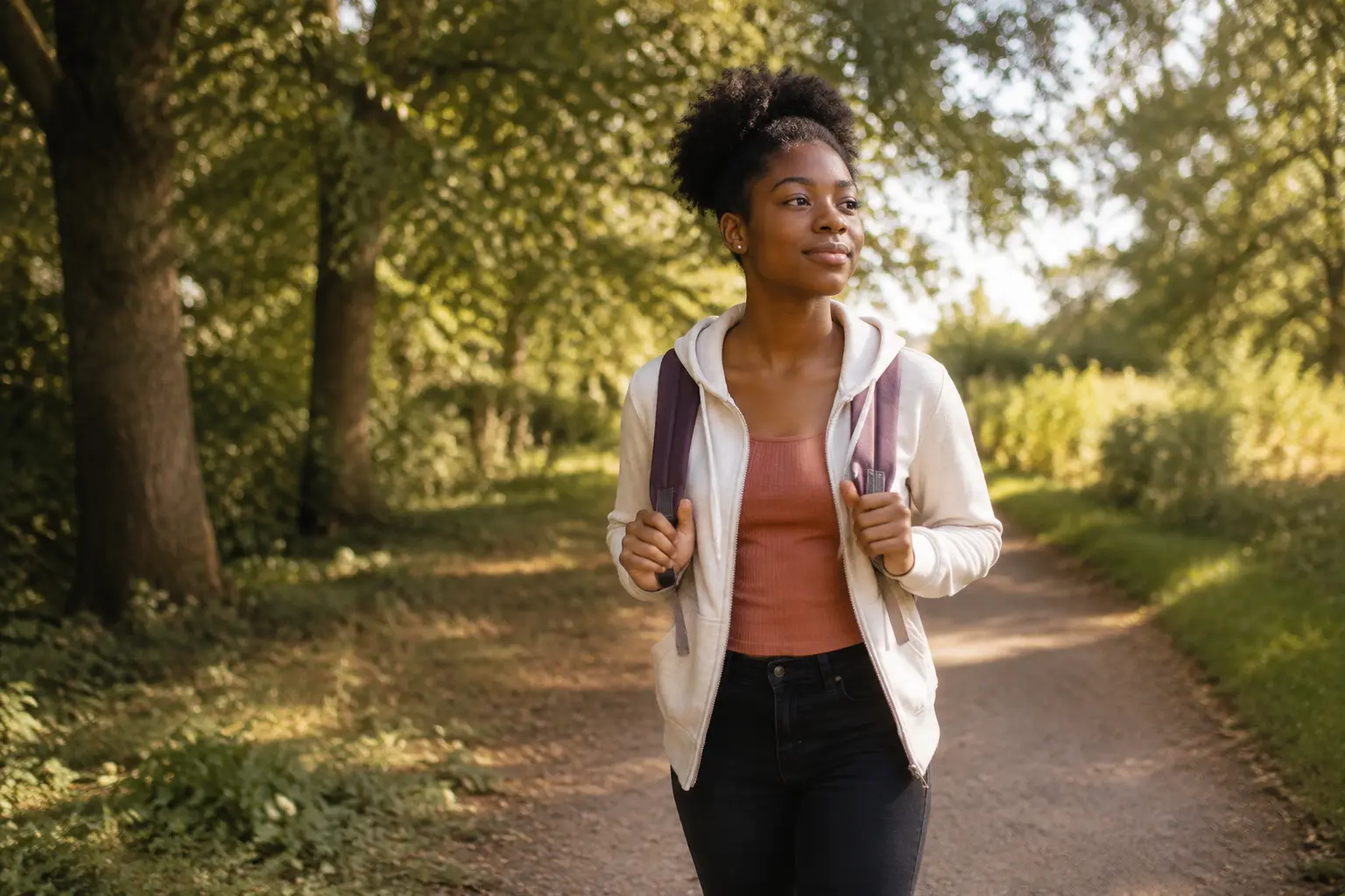 A fictional Black British older teenager walking along a leafy path in warm evening light