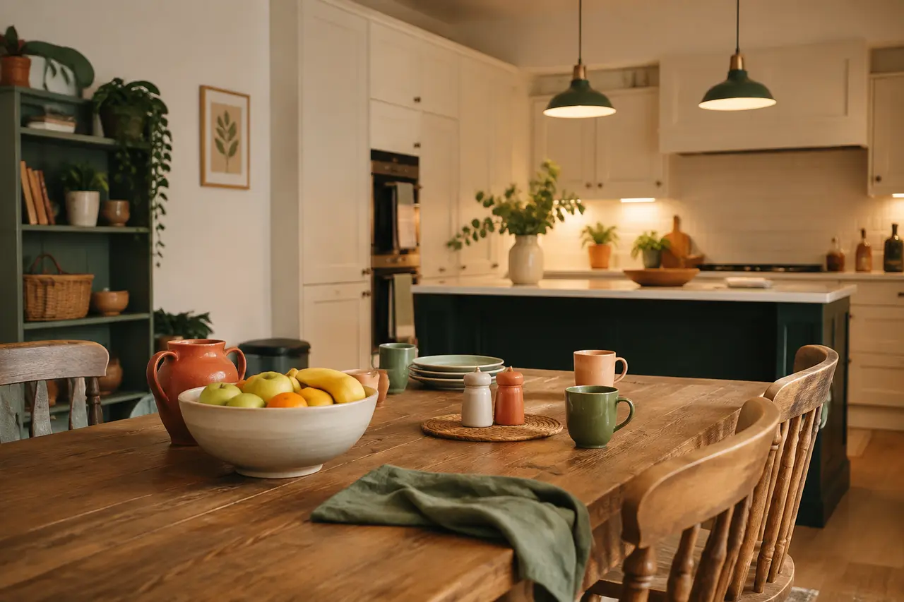 Illustrative kitchen and dining area with a wooden table and warm lighting