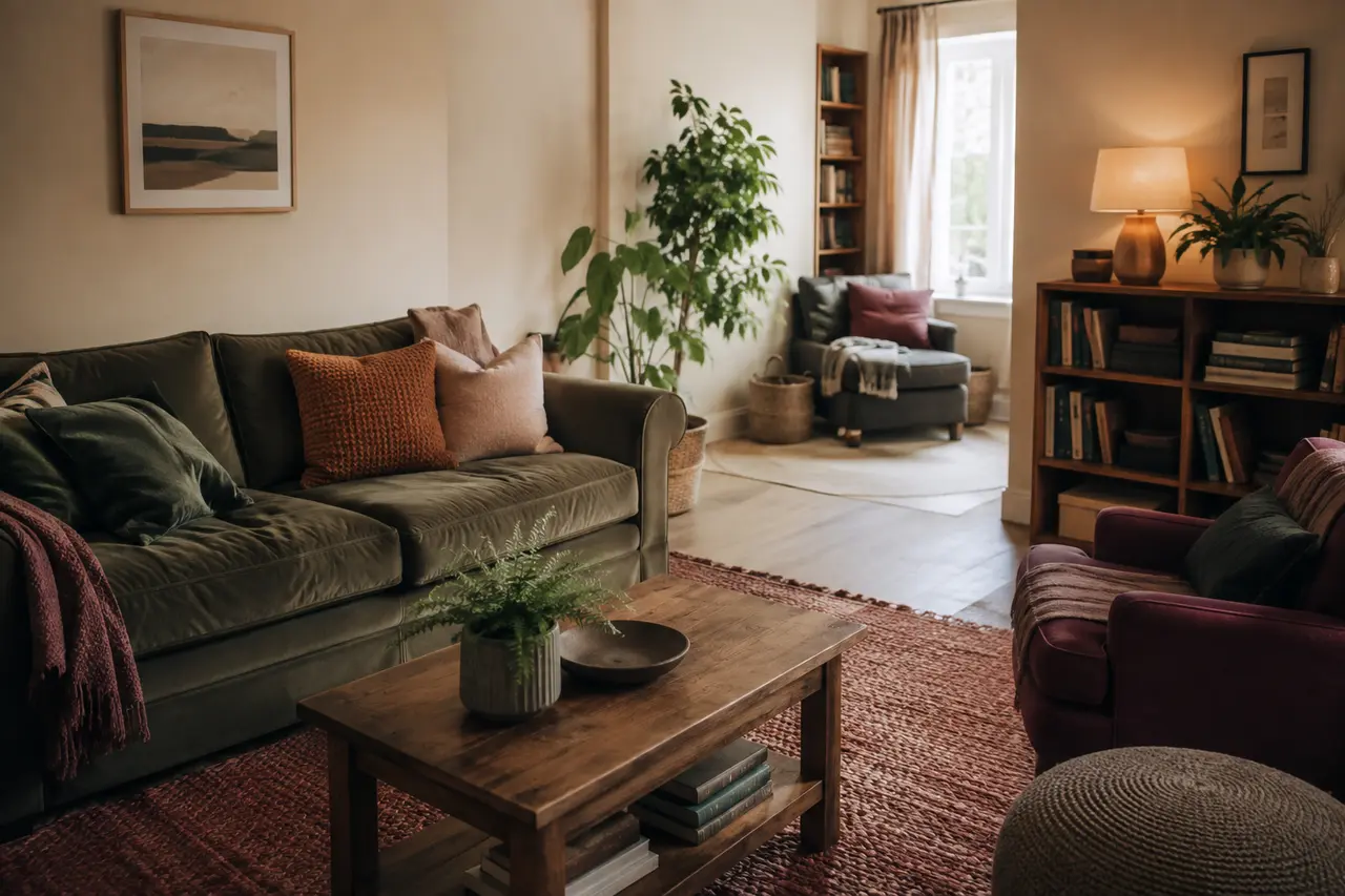 Illustrative warm living room with sofas, books and a quiet reading corner